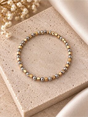 Classic Two-Tone Stretch Beaded Bracelet - Gold & Silver